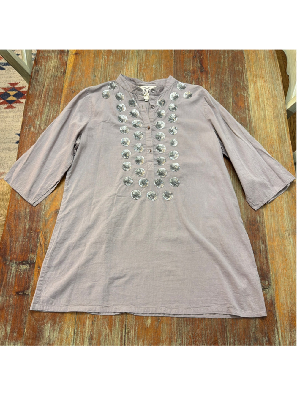 FIGUE Muted Purple Sequin Medallion Tunic Top L Cotton 3/4 Bell Sleeve Slit Boho